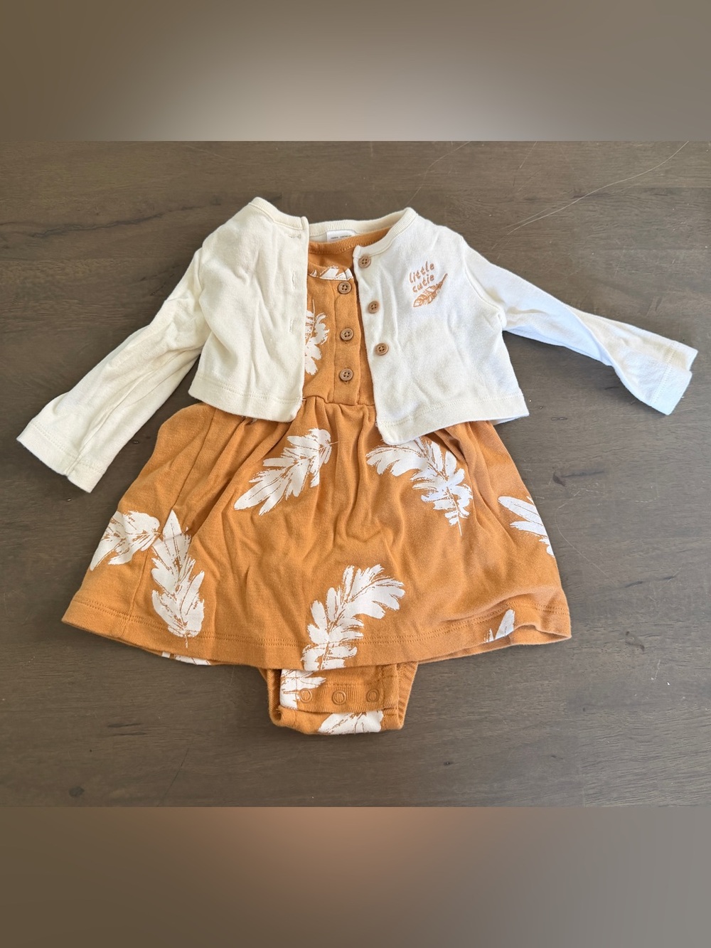 Carters Baby 2pc White Cardigan with Rust Gold Yellow Feather Dress Set